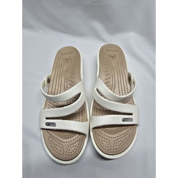 Crocs Patricia Wedge Strappy Slide Slip On Sandals Womens Size 6 White/Tan - Picture 3 of 10